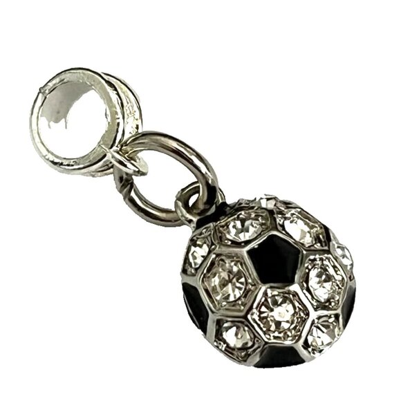 Crystal Soccer Ball European Bead Slider Charm for Bracelet Silver Tone Enamel - Picture 2 of 6